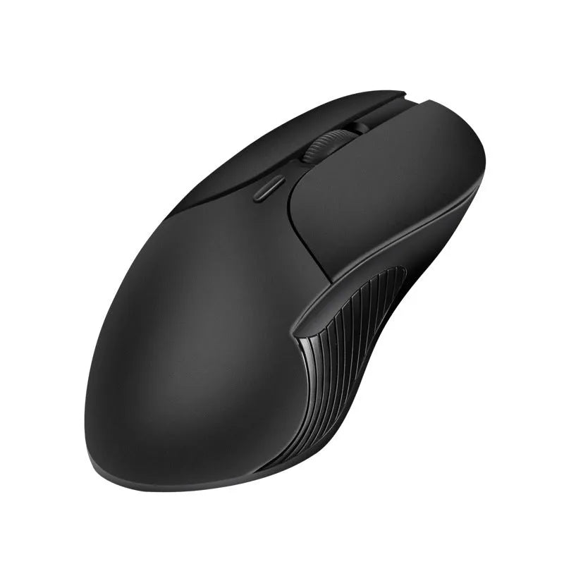Blue wireless Smart Voice Mouse with voice control button on a desk next to a laptop.