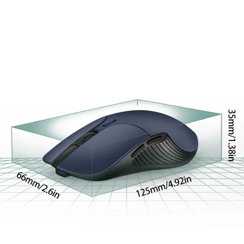 Blue wireless Smart Voice Mouse with voice control button on a desk next to a laptop.