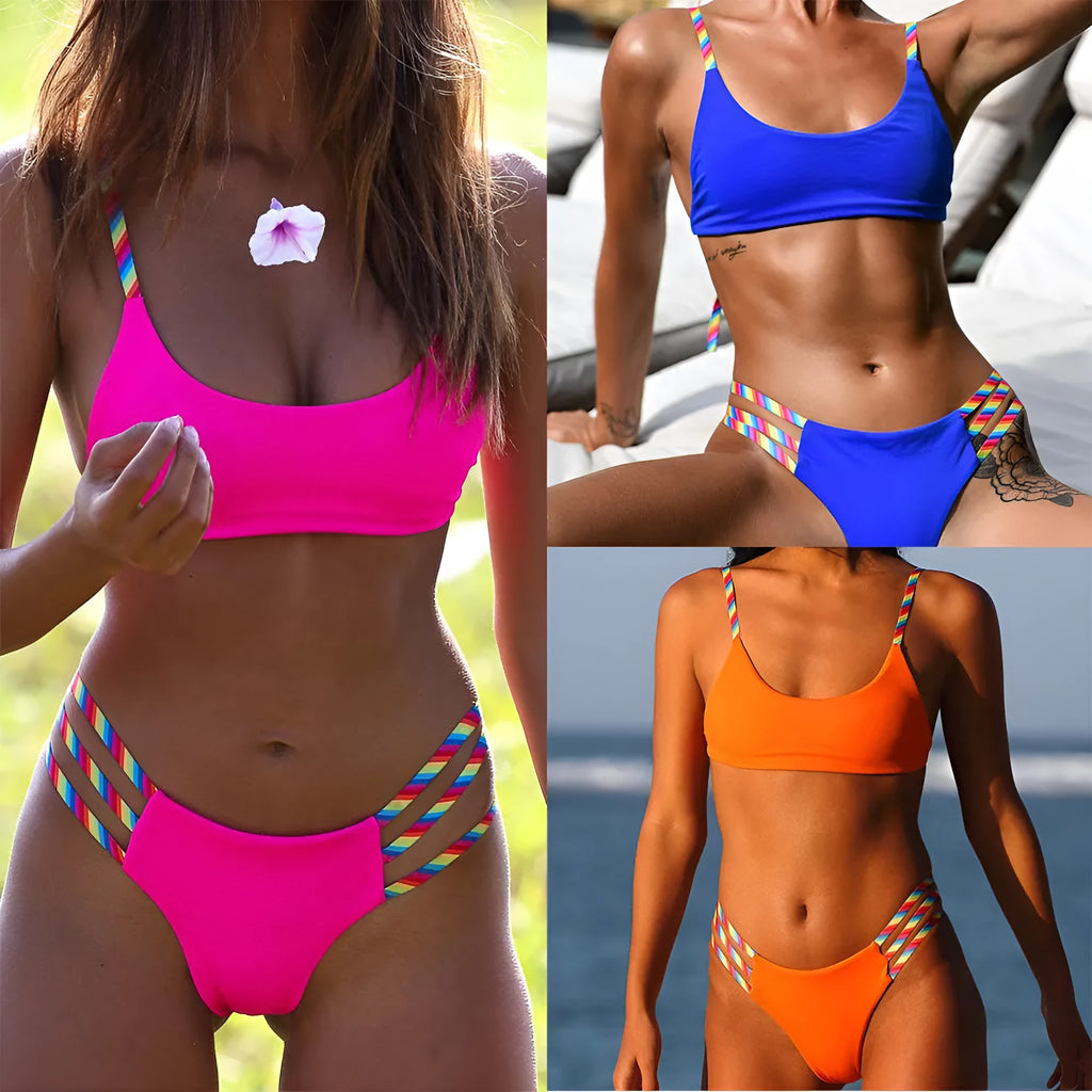 Sexy bandage push up padded patchwork bikini set for women in blue gradient colour on beach background