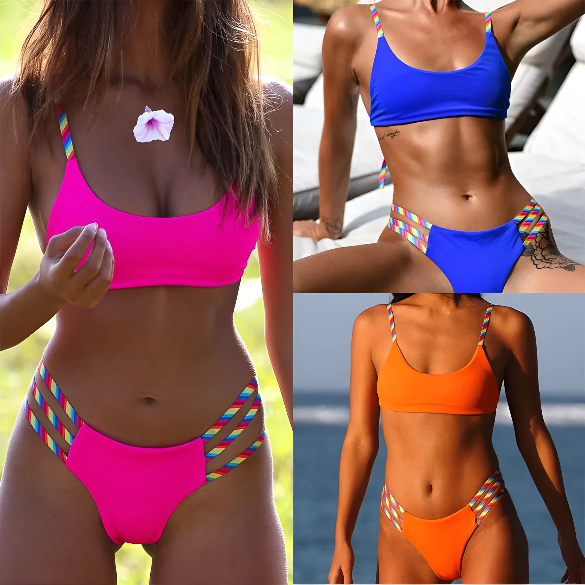 Sexy bandage push up padded patchwork bikini set for women in blue gradient colour on beach background