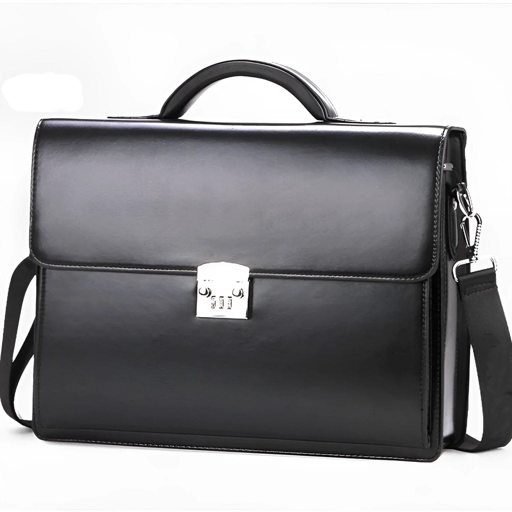 Black horizontal PU leather men's business briefcase with a soft handle and zipper opening