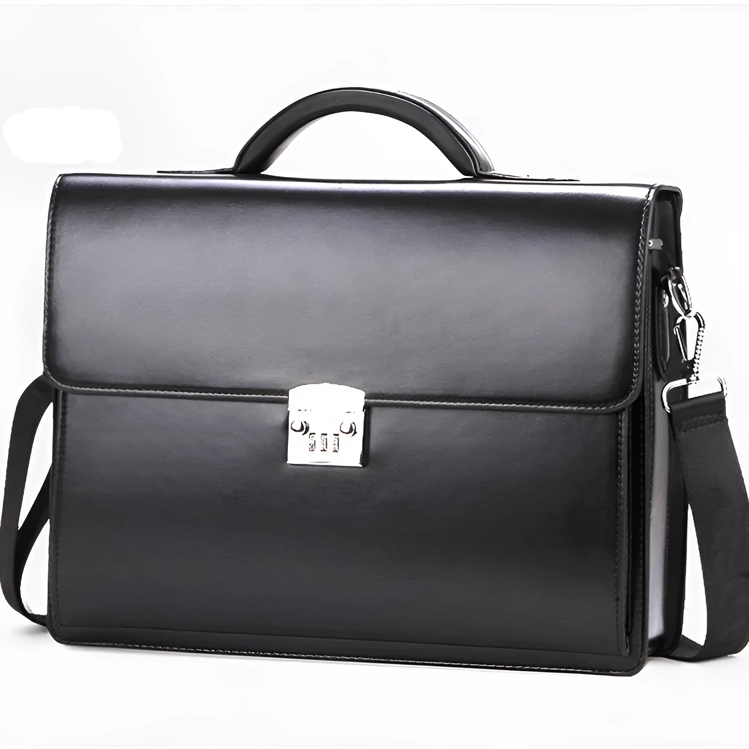 Black horizontal PU leather men's business briefcase with a soft handle and zipper opening