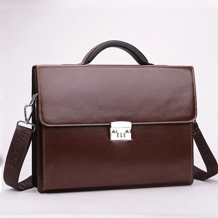 Horizontal square men's business briefcase in black PU leather with zipper opening and single carrying handle