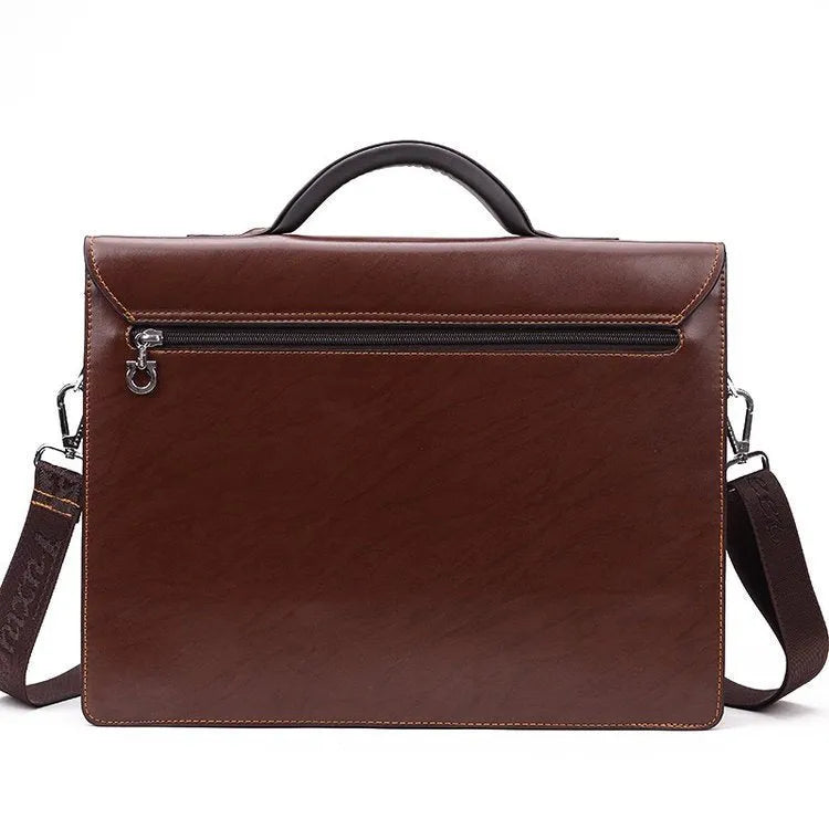 Black horizontal PU leather men's business briefcase with a soft handle and zipper opening