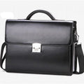 Black horizontal PU leather men's business briefcase with a soft handle and zipper opening