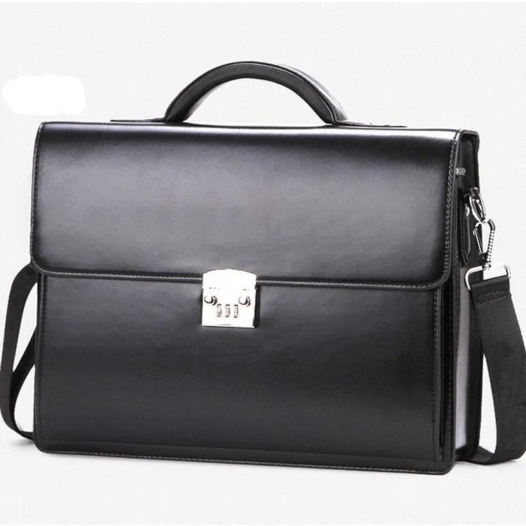 Black horizontal PU leather men's business briefcase with a soft handle and zipper opening