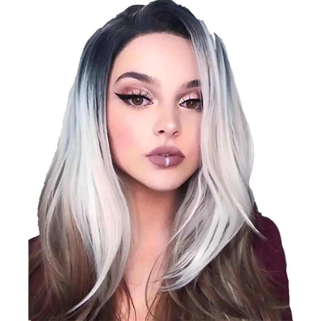 Three-color gradient mid-section women's wig in Linen Grey with oblique bangs on a mannequin head