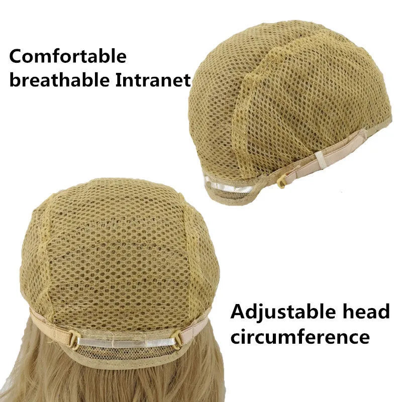 Three-color gradient mid-section women's wig in Linen Grey with oblique bangs on a mannequin head