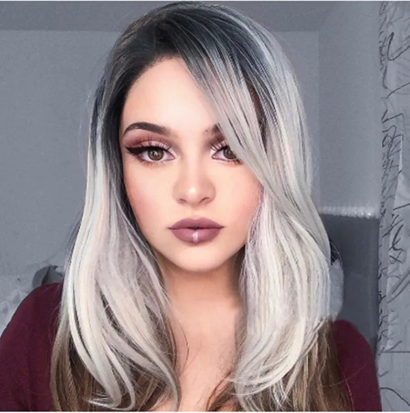 Three-color gradient mid-section women's wig in Linen Grey with oblique bangs on a mannequin head