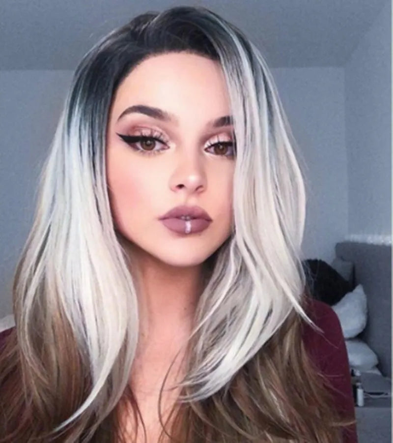 Three-color gradient mid-section women's wig in Linen Grey with oblique bangs on a mannequin head