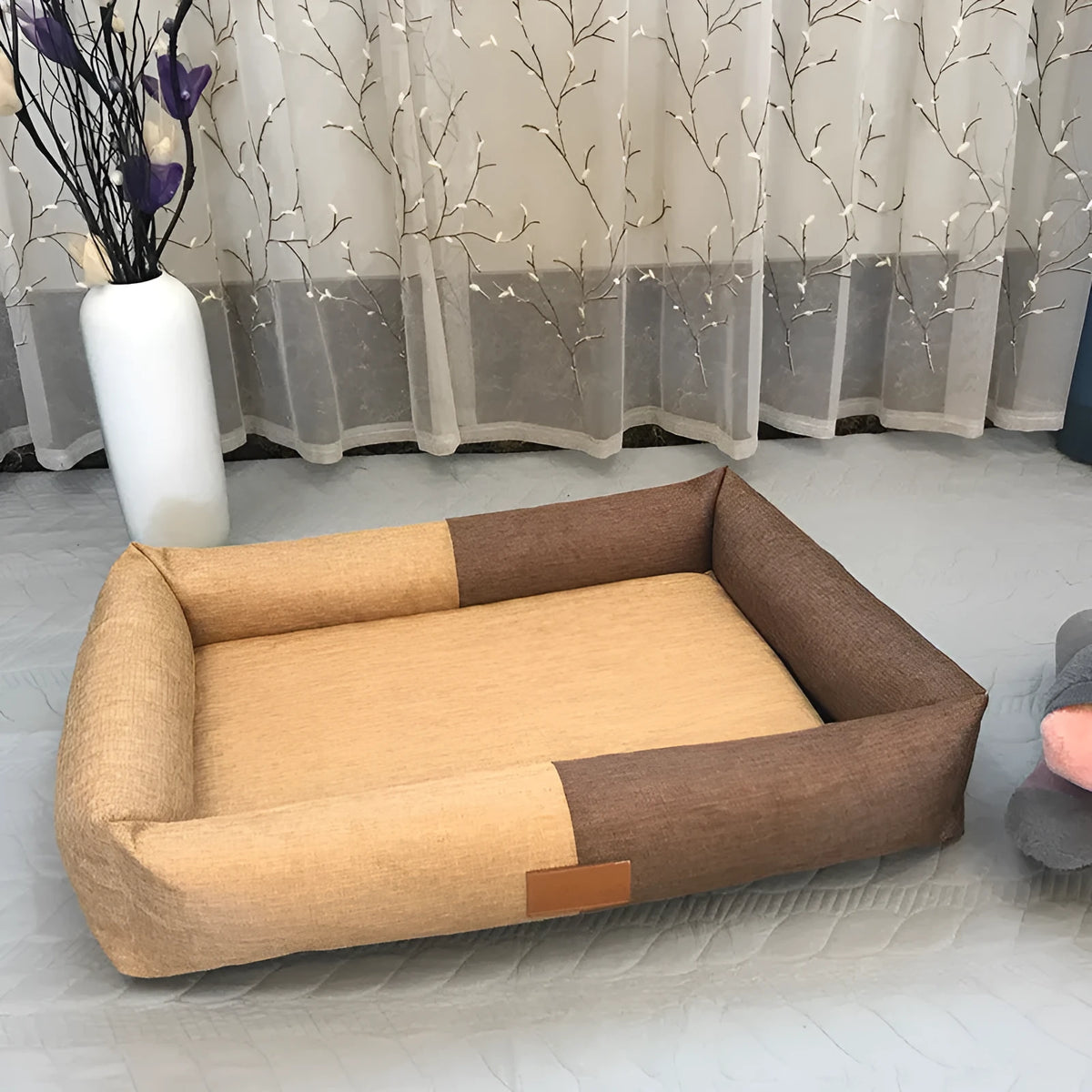 Pet mat dog bed with sponge pad in imitation linen cover in gray green colour
