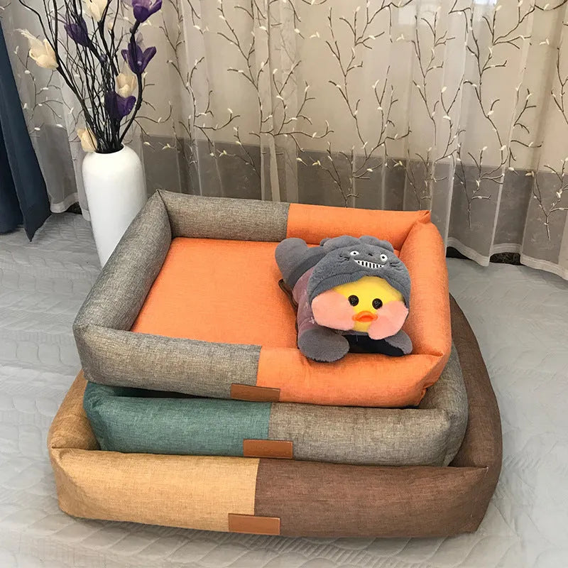 Pet mat dog bed with sponge pad in imitation linen cover in gray green colour