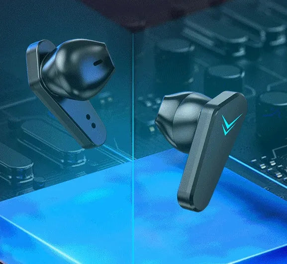 Black wireless gaming earbuds with Bluetooth 5.0, touch control, low latency stereo, and waterproof build
