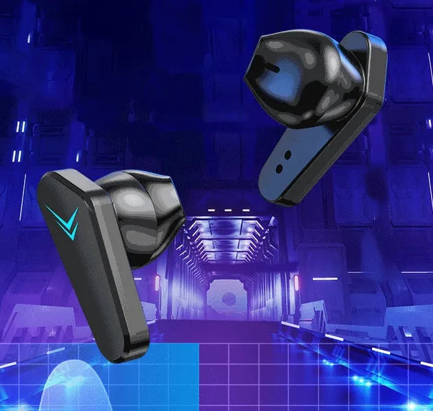 Black wireless gaming earbuds with Bluetooth 5.0, touch control, low latency stereo, and waterproof build