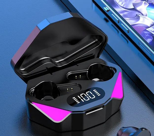 Black wireless gaming earbuds with Bluetooth 5.0, touch control, low latency stereo, and waterproof build
