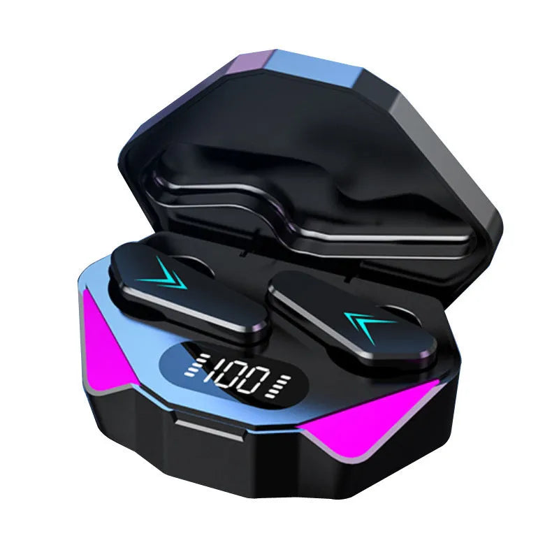 Black wireless gaming earbuds with Bluetooth 5.0, touch control, low latency stereo, and waterproof build