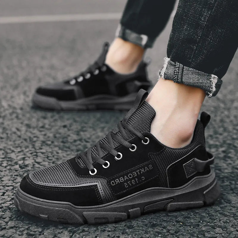 Men's canvas sneakers Korean British style lace-up trainers with rubber sole, round toe, and flat heel in khaki, grey, or black
