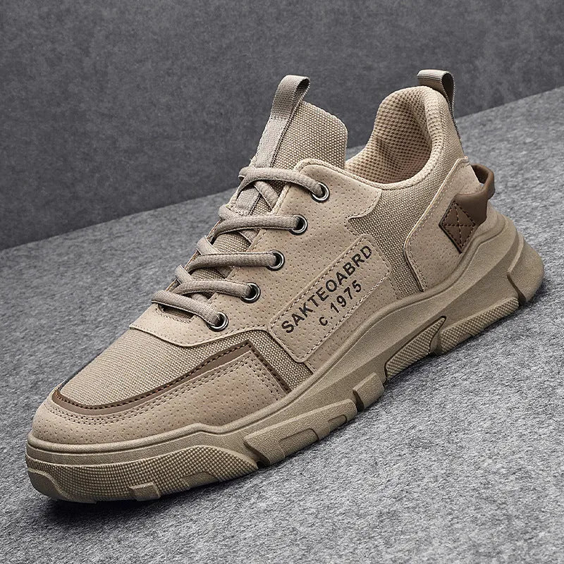 Men's canvas sneakers Korean British style lace-up trainers with rubber sole, round toe, and flat heel in khaki, grey, or black
