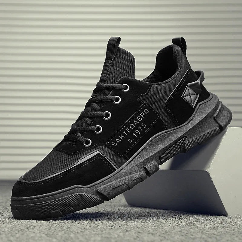 Men's canvas sneakers Korean British style lace-up trainers with rubber sole, round toe, and flat heel in khaki, grey, or black