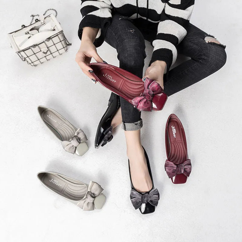 Women's slip-on square toe ballet flats in black with PU upper and low heel