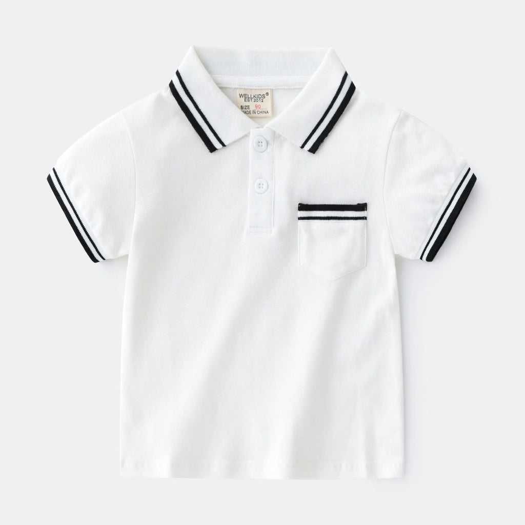 Boys' plain white and black short-sleeve cotton polo shirts for summer.