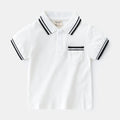 Boys' plain white and black short-sleeve cotton polo shirts for summer.