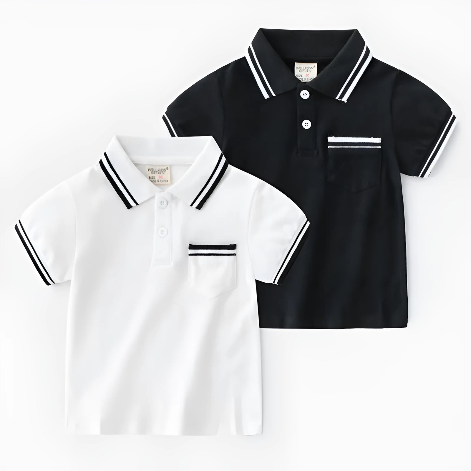Boys' plain white and black short-sleeve cotton polo shirts for summer.