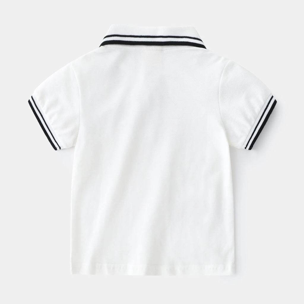 Boys' plain white and black short-sleeve cotton polo shirts for summer.