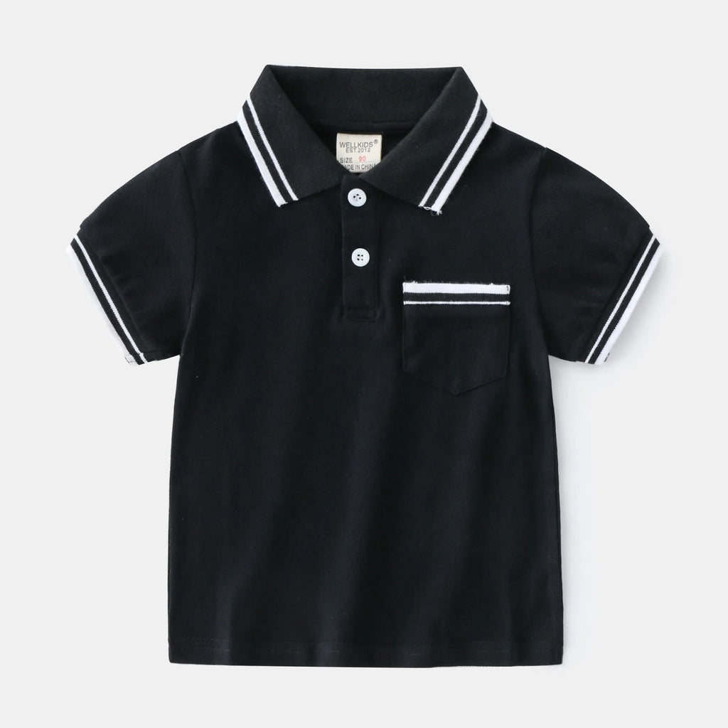 Boys' white and black cotton polo shirts with short sleeves and round neck collars
