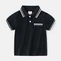Boys' white and black cotton polo shirts with short sleeves and round neck collars