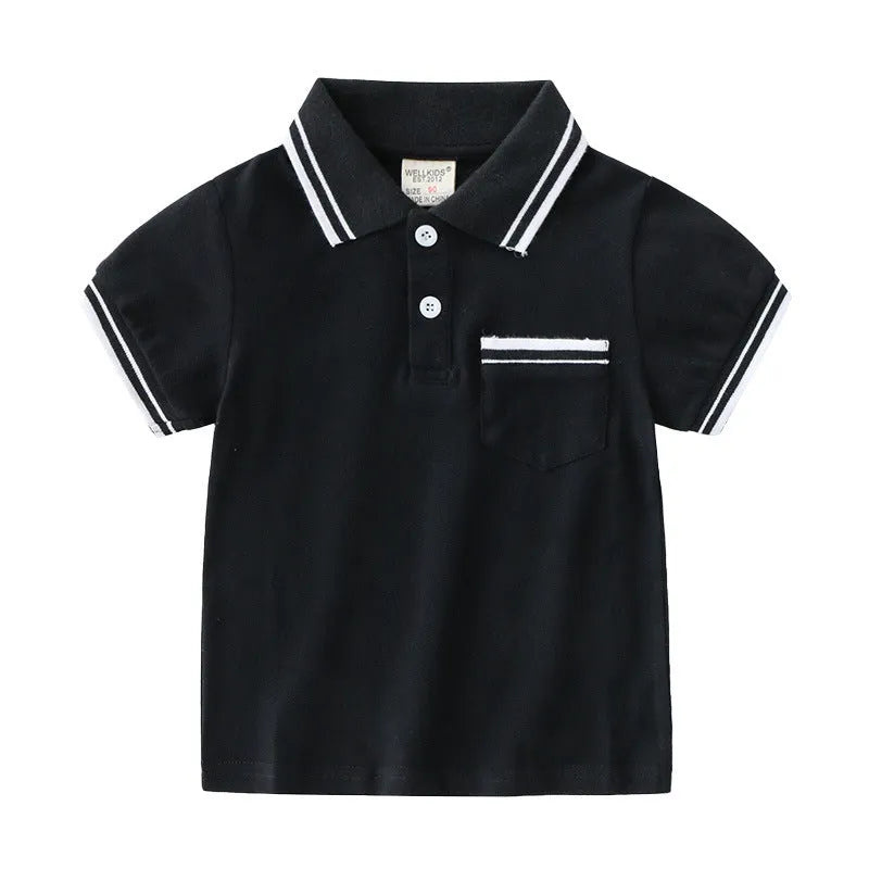 Boys' plain white and black short-sleeve cotton polo shirts for summer.