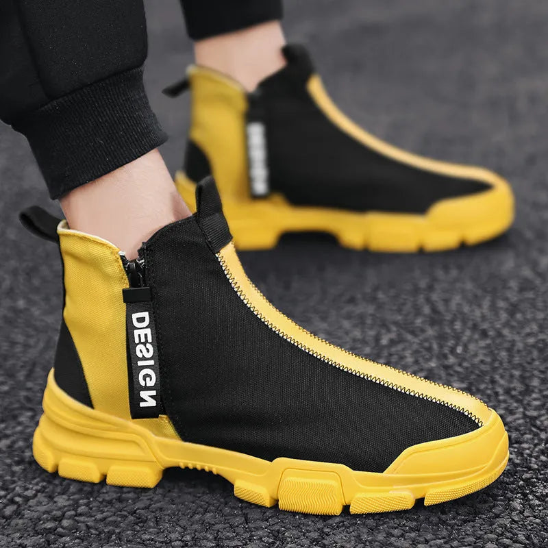 Men's high top trainers in black and yellow, microfiber upper, round toe, low heel, sizes 39-44
