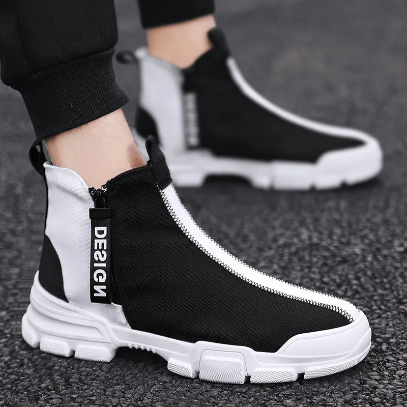 Men's high top trainers in black and yellow, microfiber upper, round toe, low heel, sizes 39-44