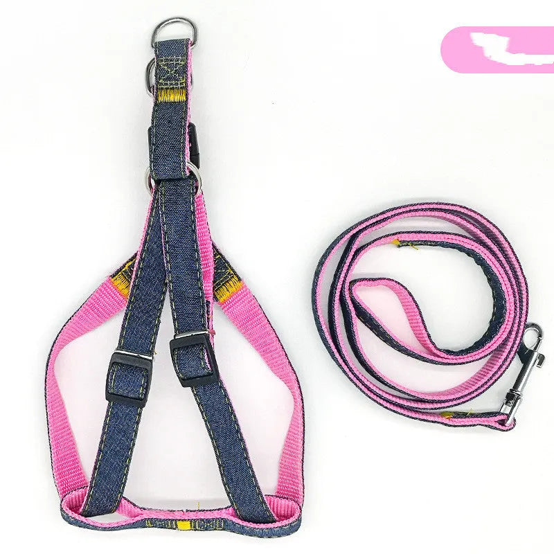 Denim and nylon dog walking traction rope harness with chest harness, 120 cm rope, available in multiple colours and sizes