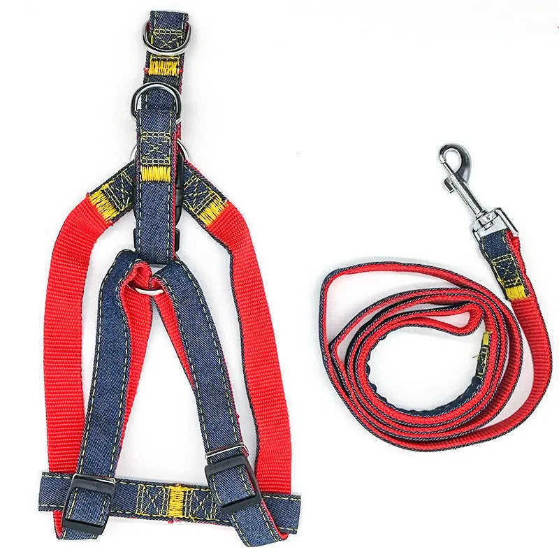 Denim and nylon dog walking traction rope harness with chest harness, 120 cm rope, available in multiple colours and sizes