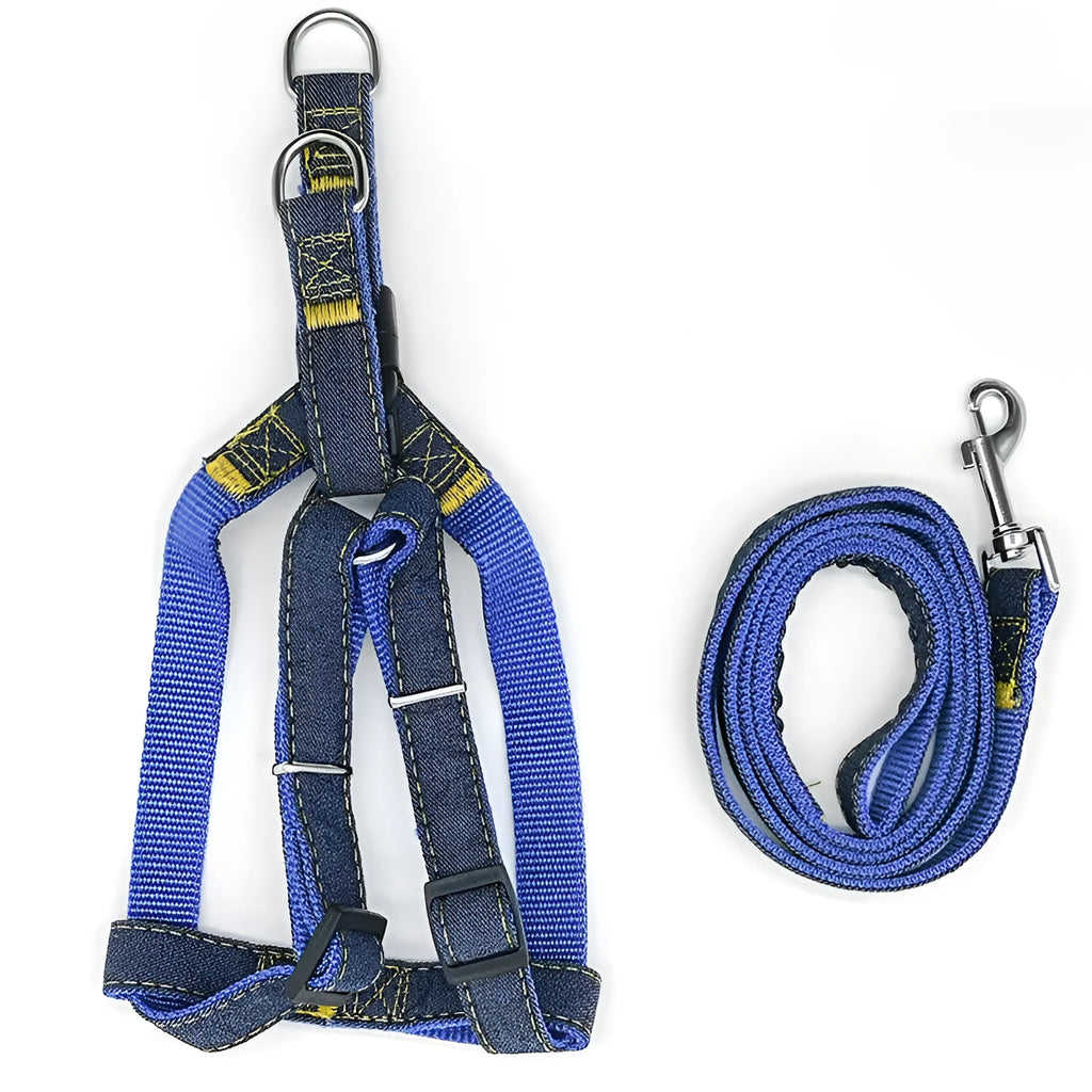 Denim and nylon dog walking traction rope harness with chest harness, 120 cm rope, available in multiple colours and sizes