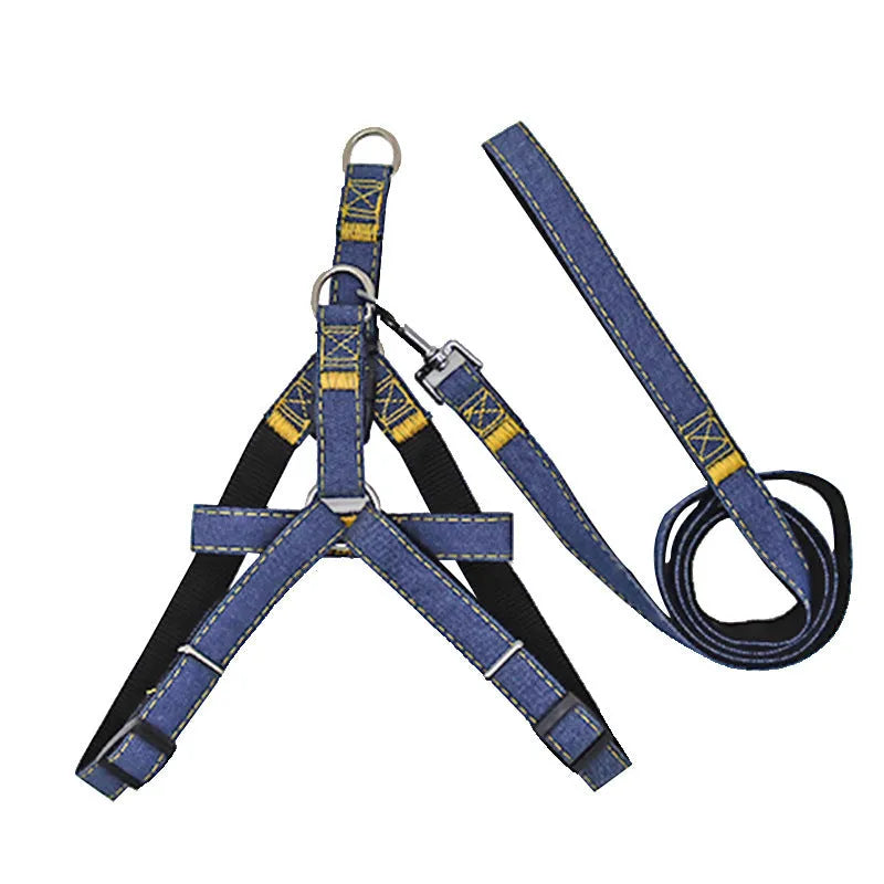Denim and nylon dog walking traction rope harness with chest harness, 120 cm rope, available in multiple colours and sizes
