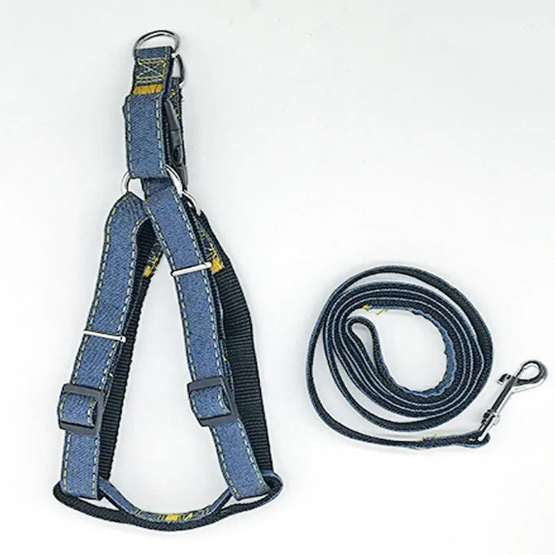 Denim and nylon dog walking traction rope harness with chest harness, 120 cm rope, available in multiple colours and sizes