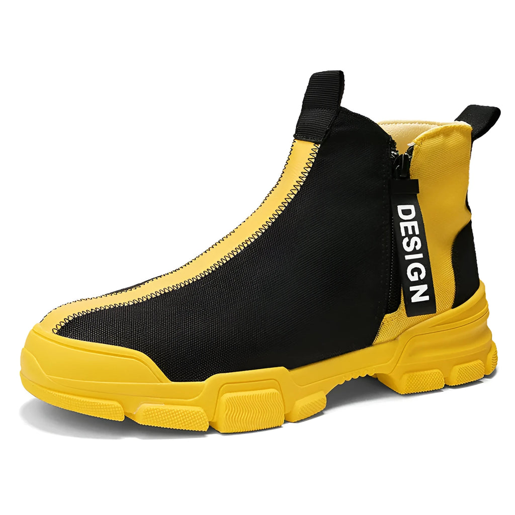 Men's high top trainers in black and yellow, microfiber upper, round toe, low heel, sizes 39-44
