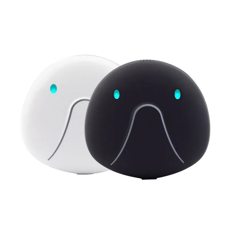 Mini pet smart wearable locator in black with collar attachment, showing mobile alarm and fence alarm features