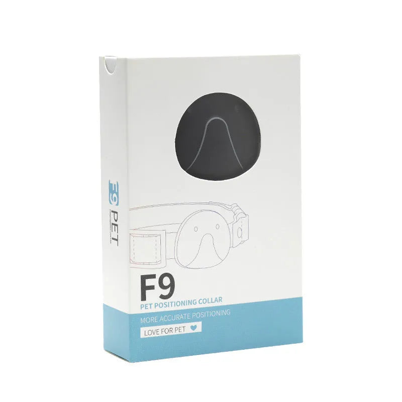 Mini pet smart wearable locator in black with collar attachment, showing mobile alarm and fence alarm features