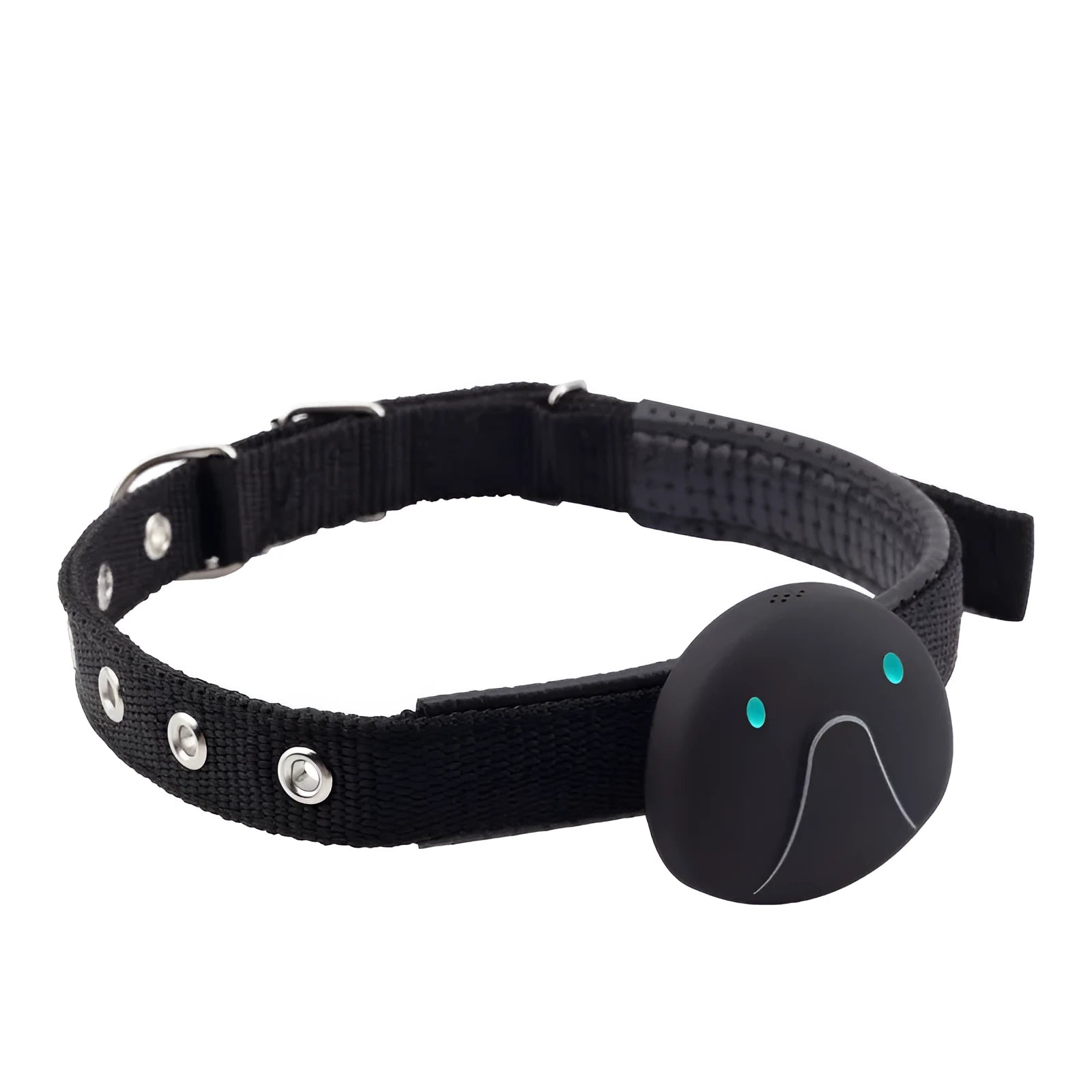 Mini pet smart wearable locator in black with collar attachment, showing mobile alarm and fence alarm features