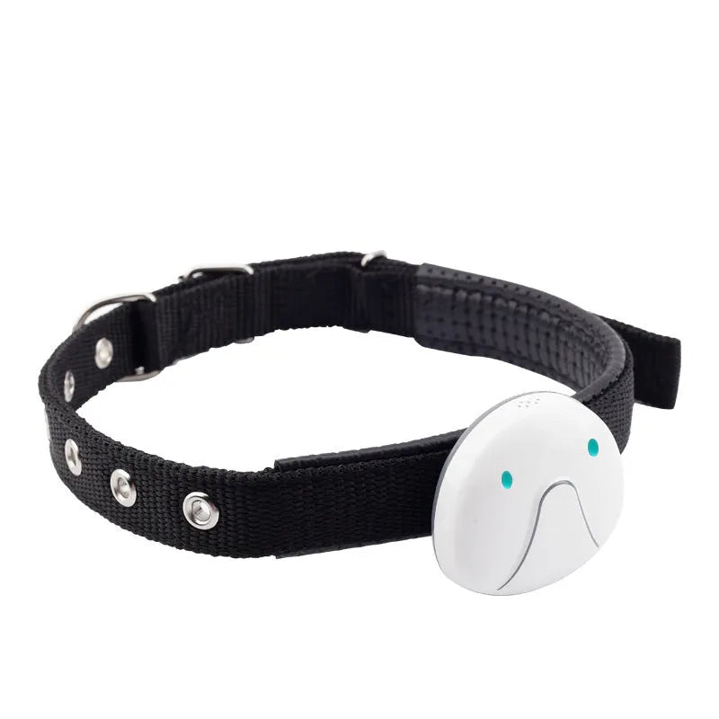 Mini pet smart wearable locator in black with collar attachment, showing mobile alarm and fence alarm features