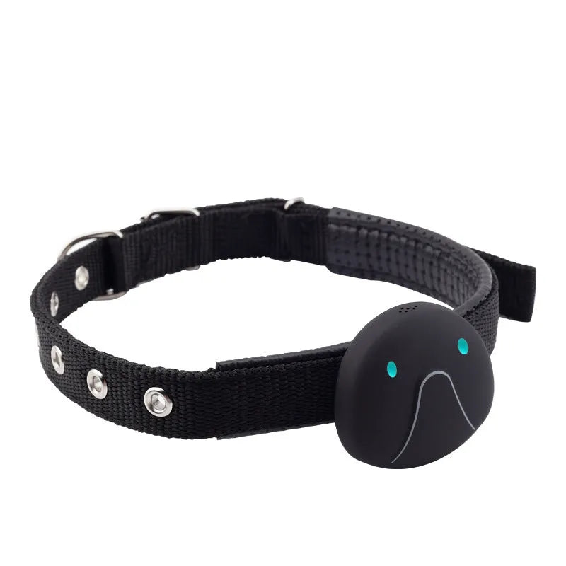 Mini pet smart wearable locator in black with collar attachment, showing mobile alarm and fence alarm features