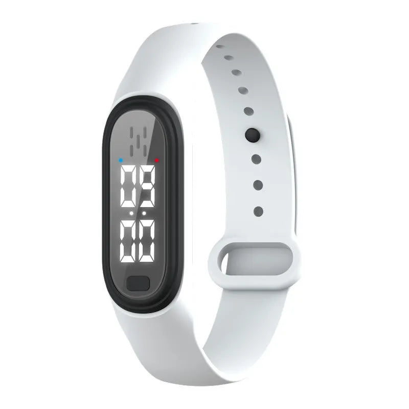 Electronic ultrasonic mosquito repellent bracelet watch-style device in black, white, blue, and pink colours