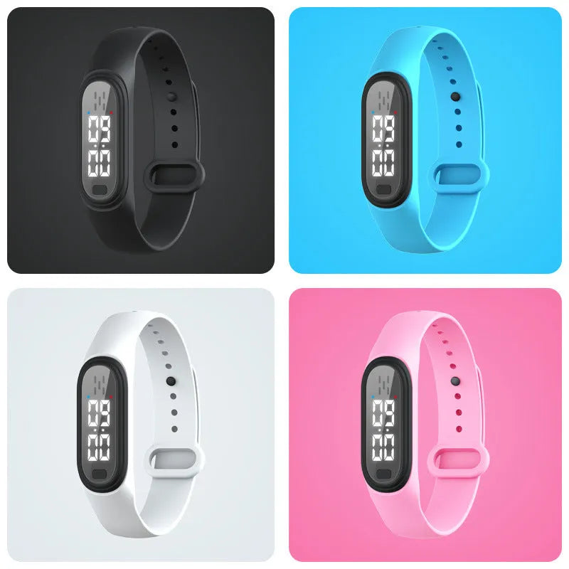Electronic ultrasonic mosquito repellent bracelet watch-style device in black, white, blue, and pink colours