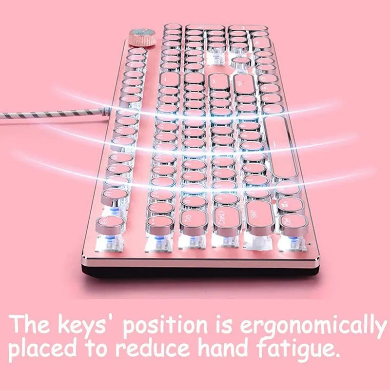Queen Lipstick mechanical keyboard with silver base, pink key accents, and white backlighting on keys.