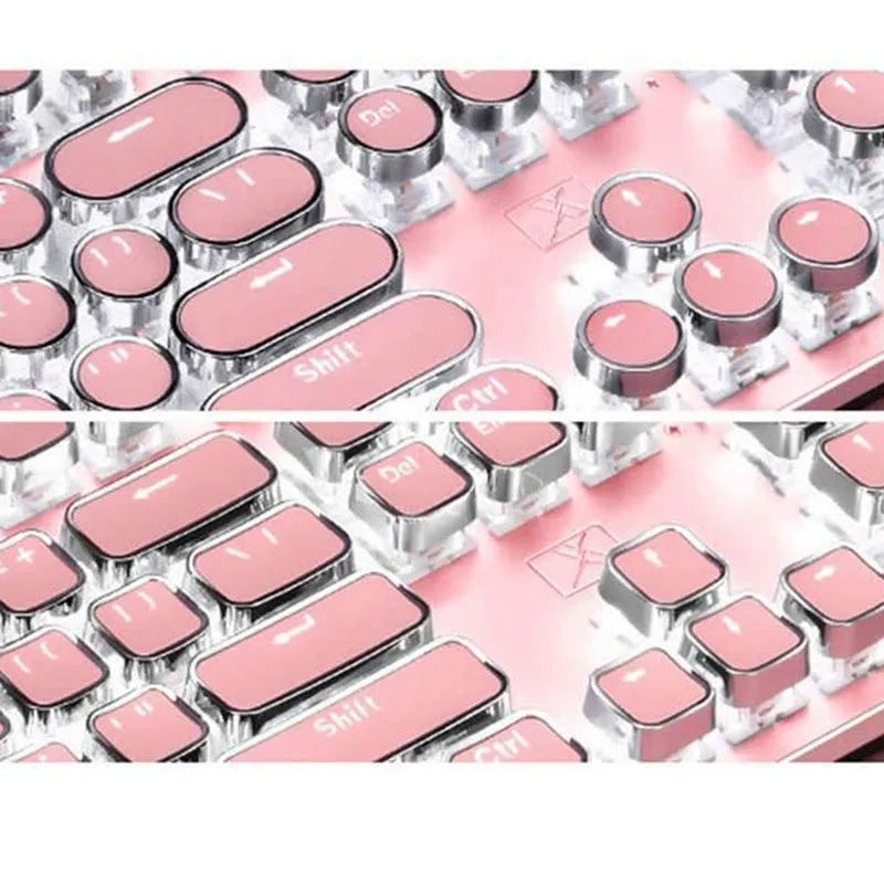 Queen Lipstick mechanical keyboard with silver base, pink key accents, and white backlighting on keys.