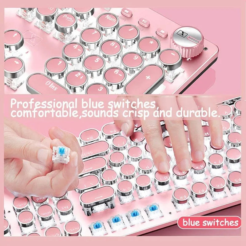 Queen Lipstick mechanical keyboard with silver base, pink key accents, and white backlighting on keys.