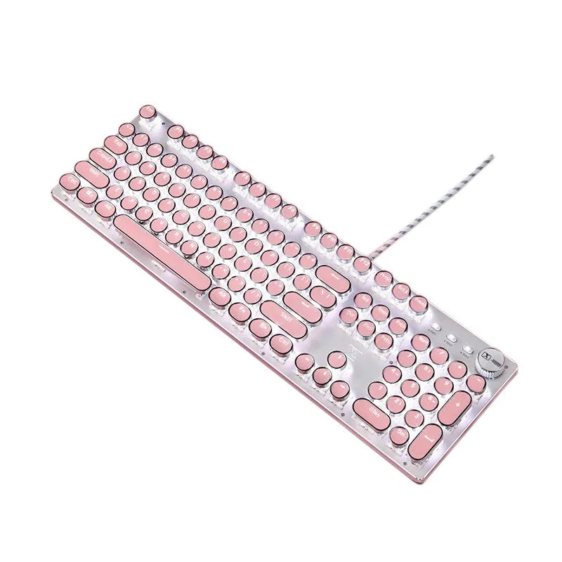 Queen Lipstick mechanical keyboard with silver base, pink key accents, and white backlighting on keys.
